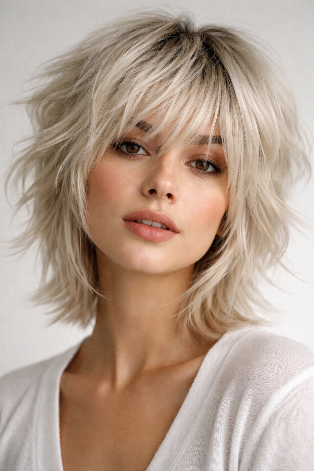 Platinum textured shag with darker roots and dimensional blonde tones