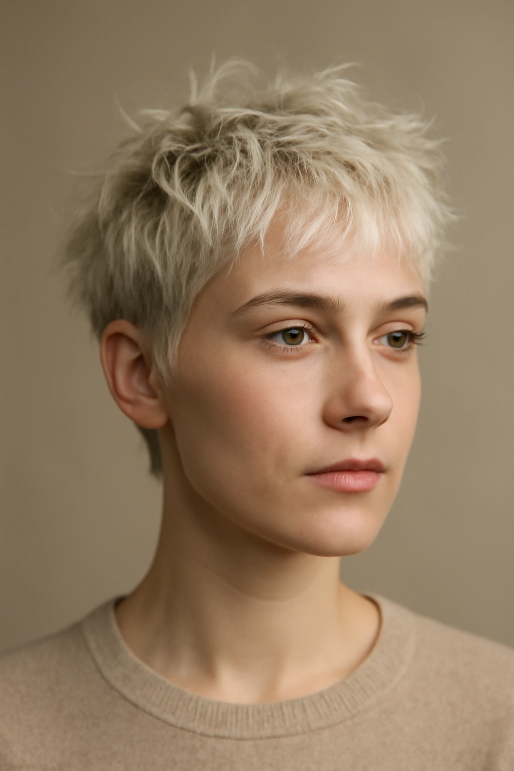 15 Short Blonde Haircuts to Bring to Your Next Appointment 7 Close-up portrait of a model with a platinum blonde Tousled Platinum Crop showing texture and movement