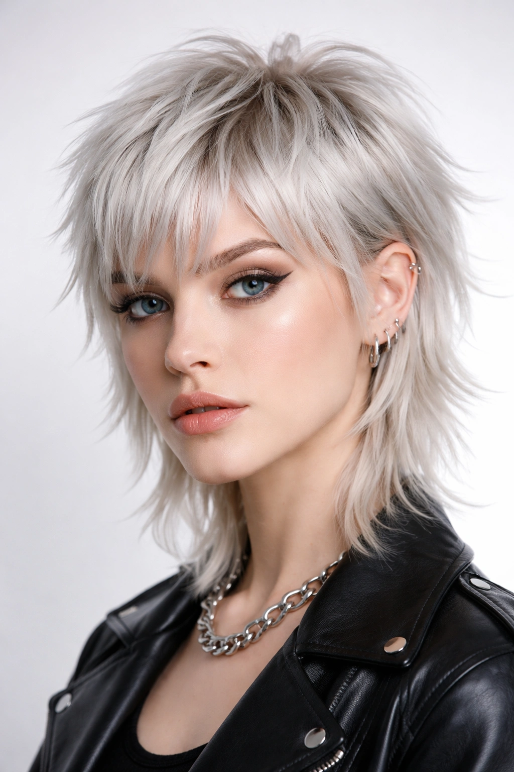 Headshot of a platinum short wolf cut with silver tones