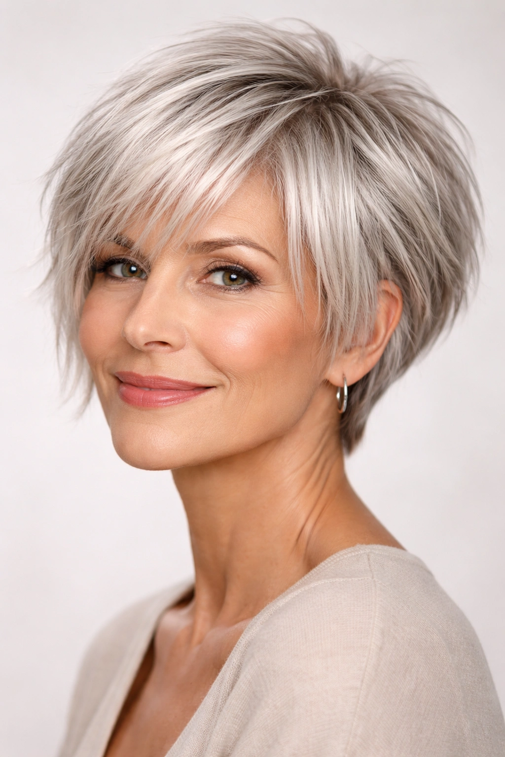 Portrait of a woman with a platinum textured bob showing color and movement.