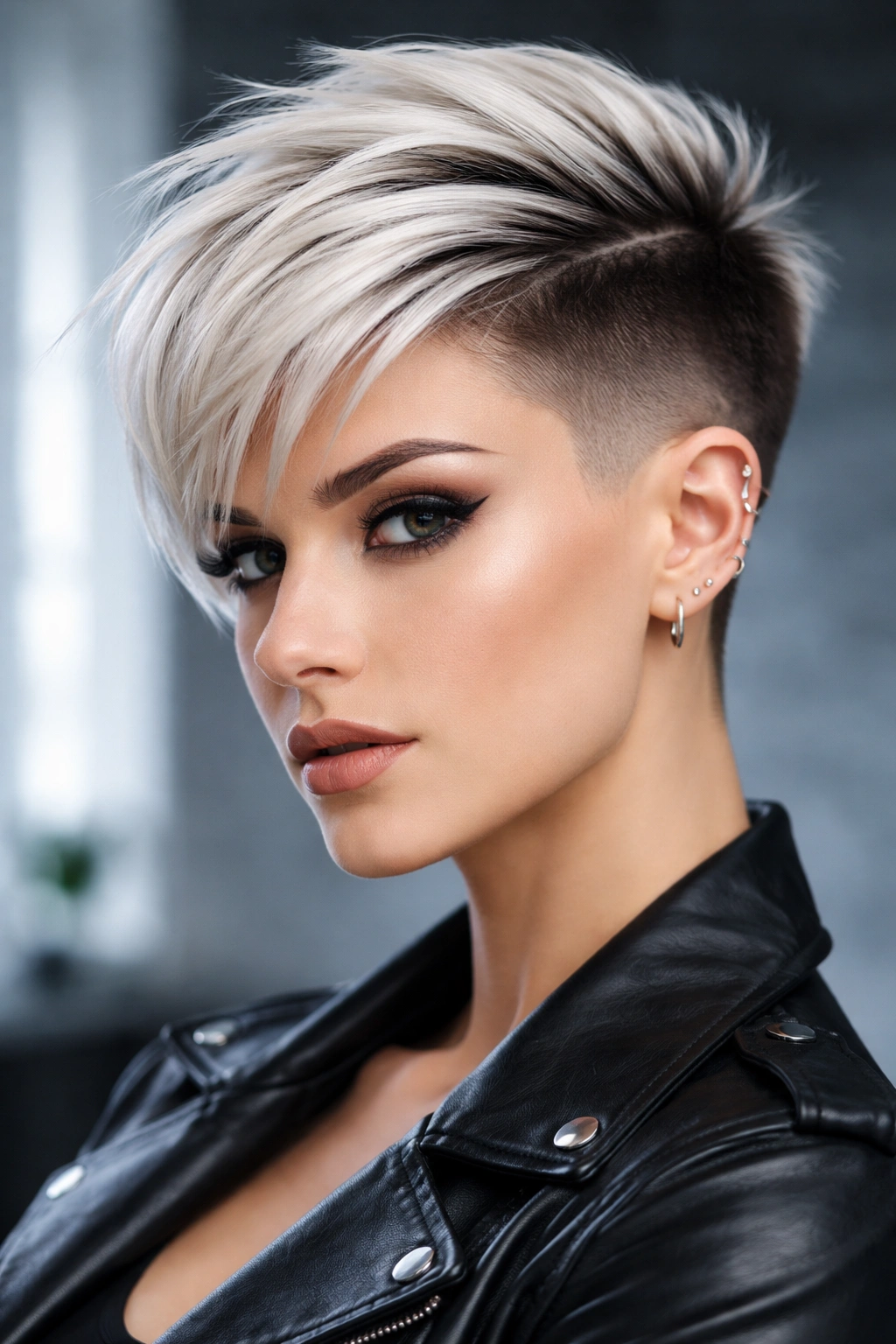 Platinum blonde pixie with dark roots and undercut