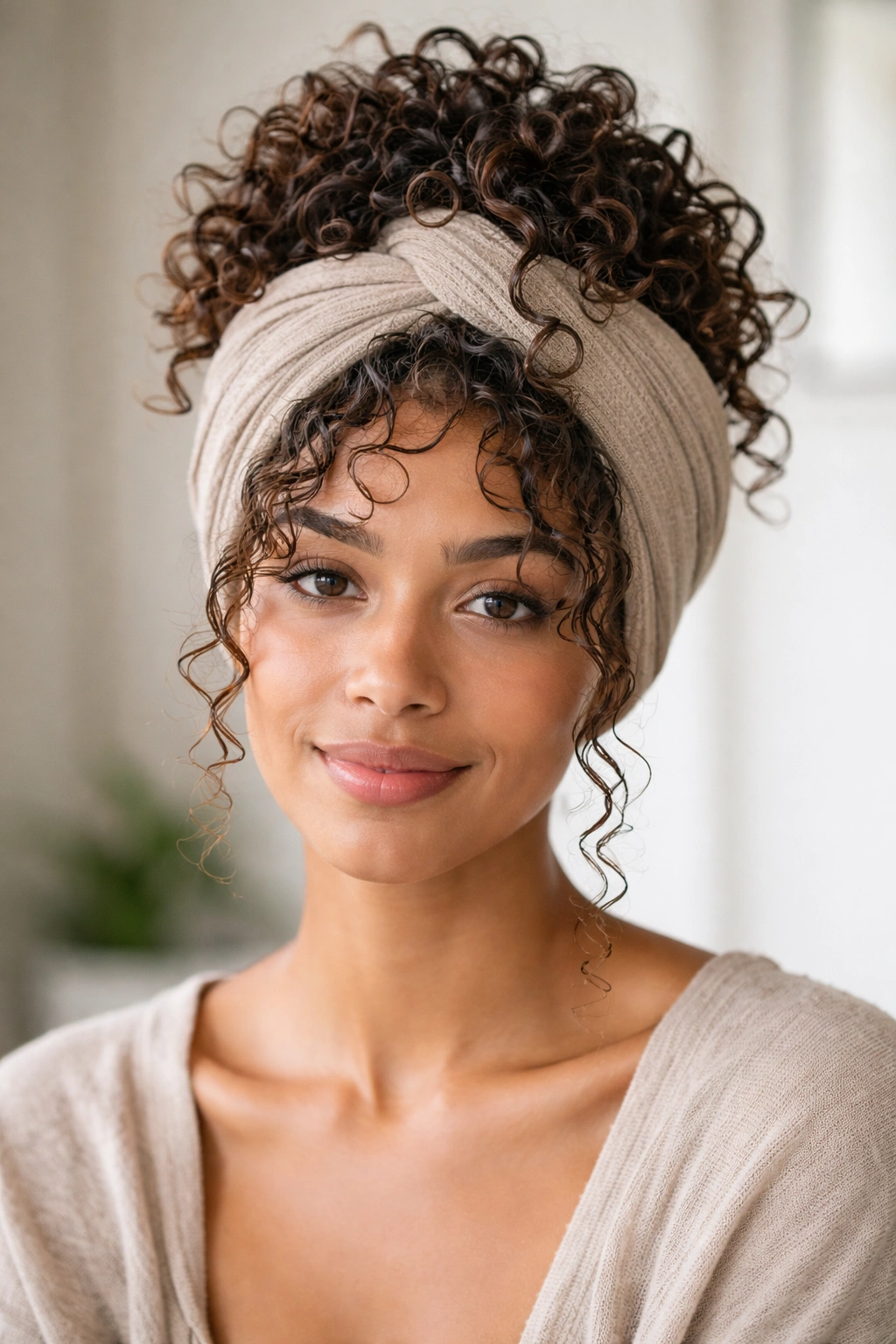 10 Easy Curly Hairstyles You Can Wear Every Day 10 Frontal view of a headwrap with plopped curls and crown volume