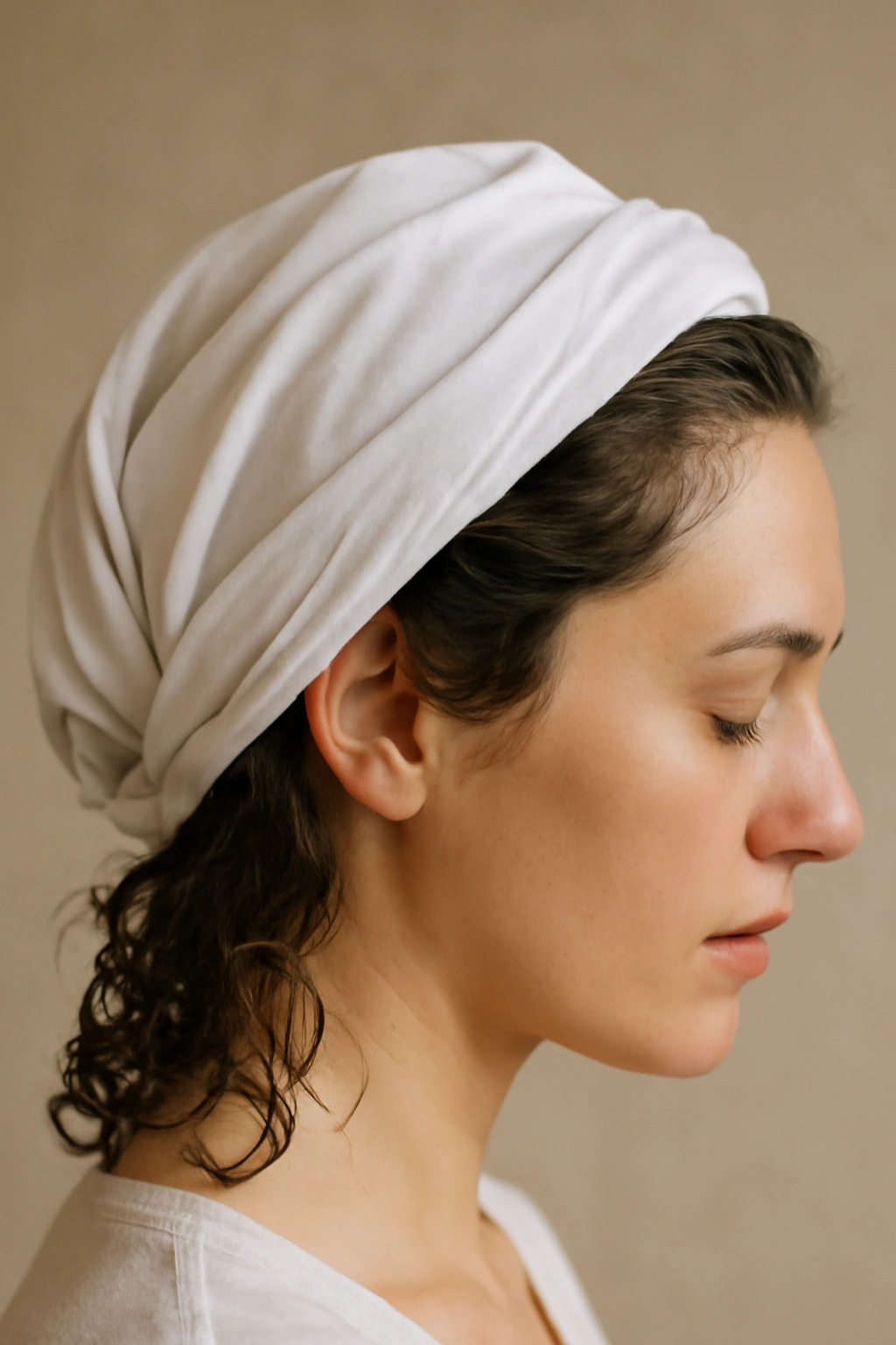 15 Heatless Wavy Hairstyles Anyone Can Pull Off 5 Head with damp hair wrapped in a cotton T-shirt for plopping