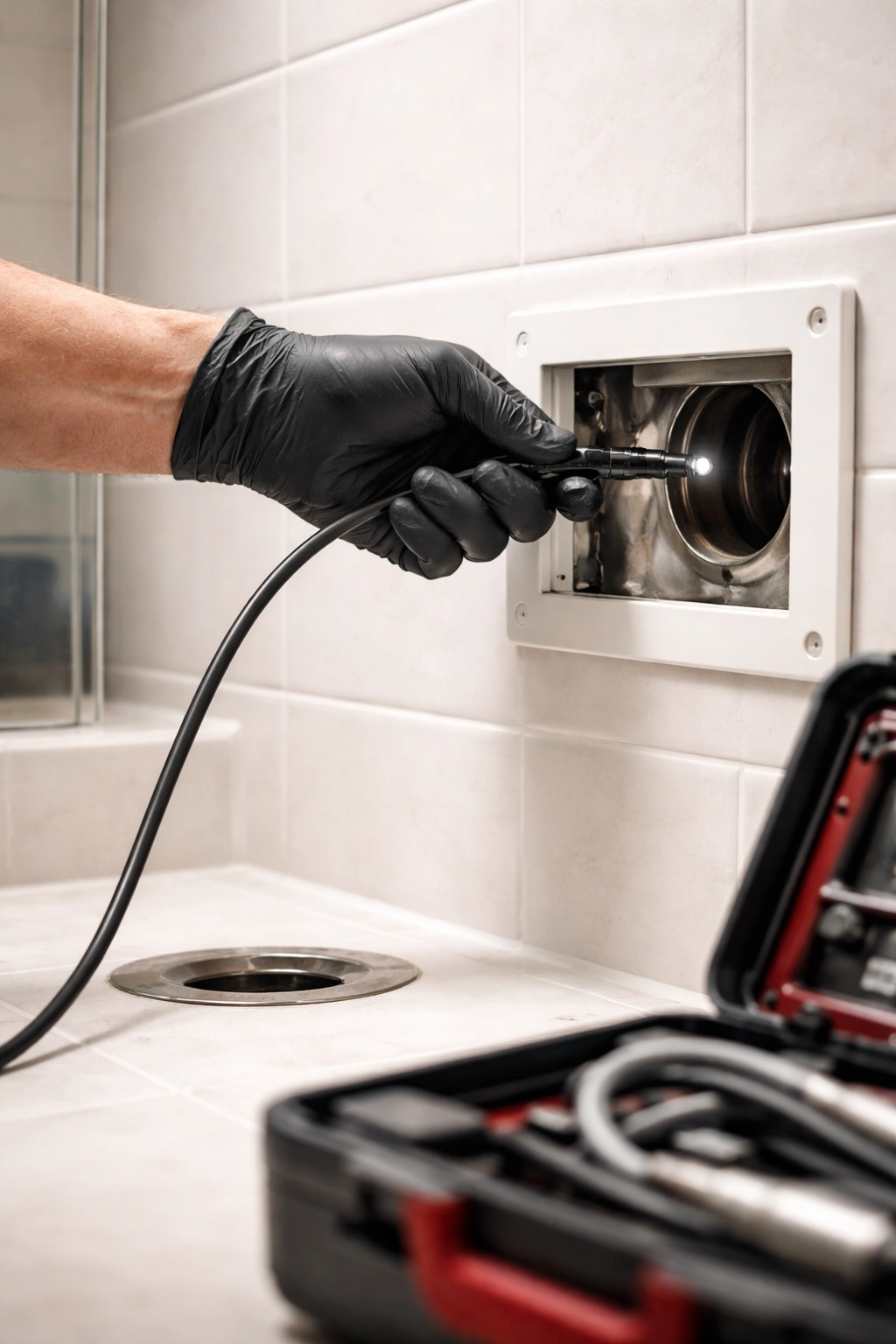 Gloved hand with a camera inspection probe near a drain access panel