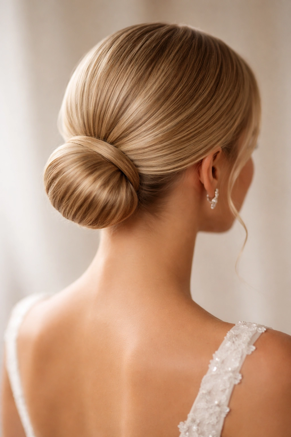 Polished low bun with smooth surface and tucked wisps