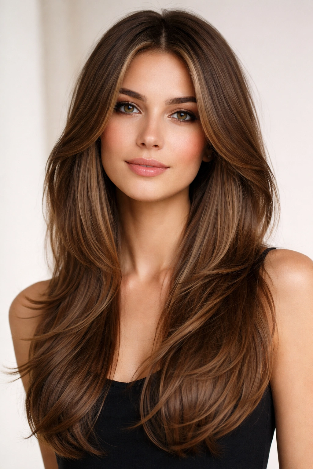 12 Butterfly Haircuts For Medium Length Layers 4 Portrait of a model with Polished Butterfly Cut and long face-framing layers for a refined silhouette