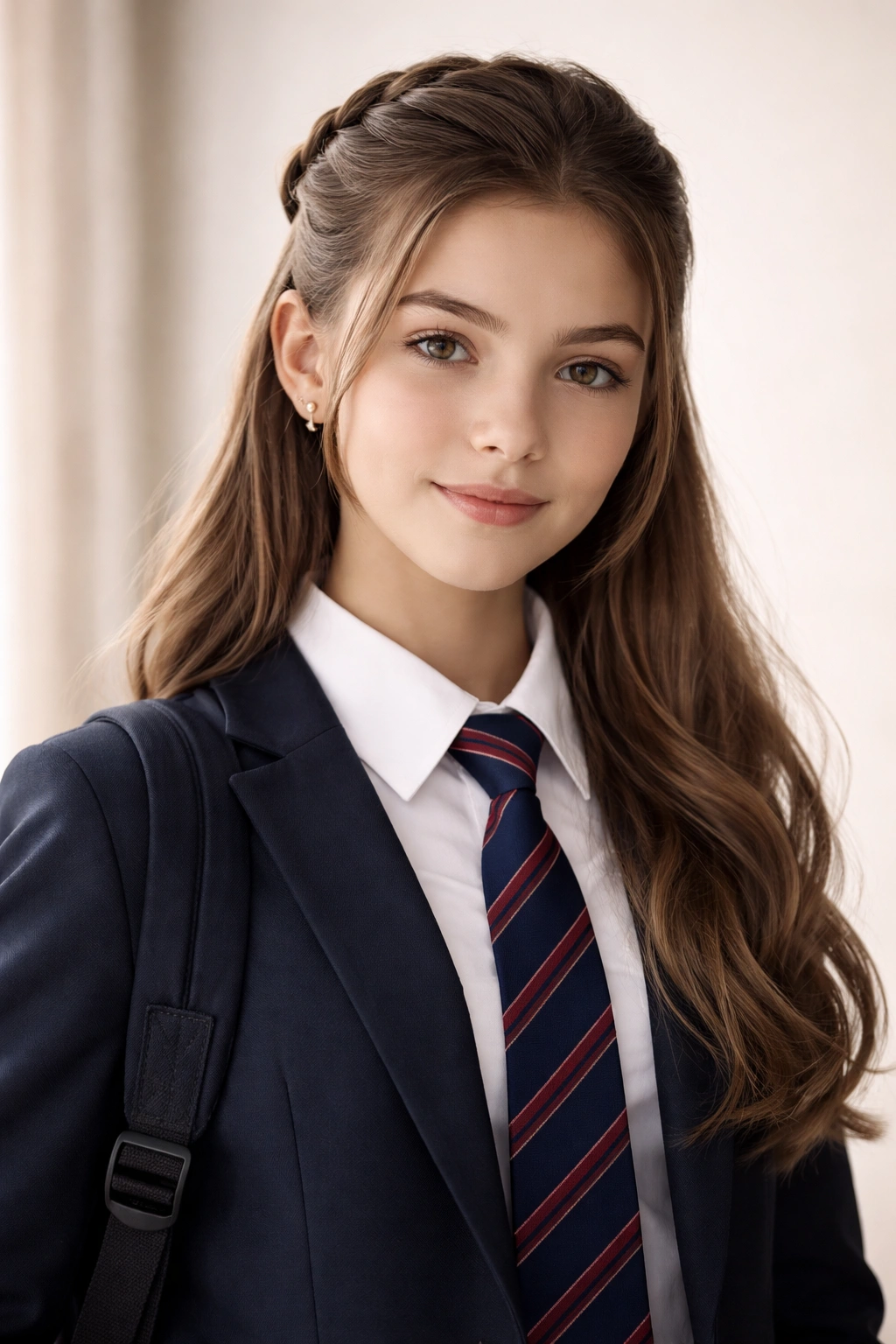 Confident student with polished hairstyle ready for school.