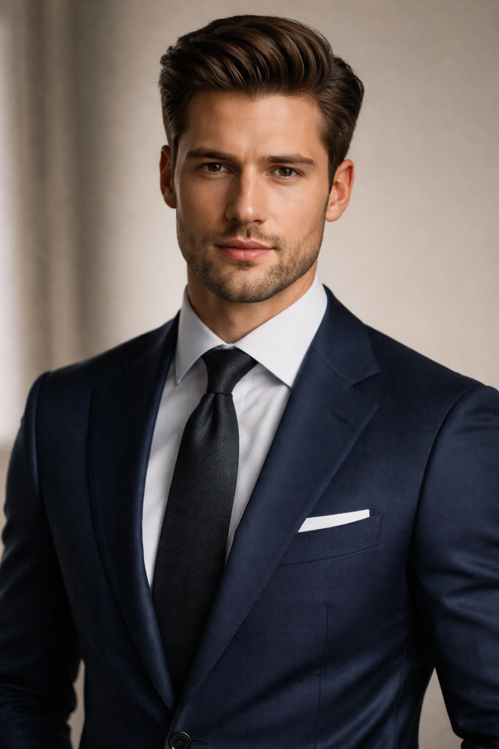 Portrait of a person in a suit with a polished hairstyle.