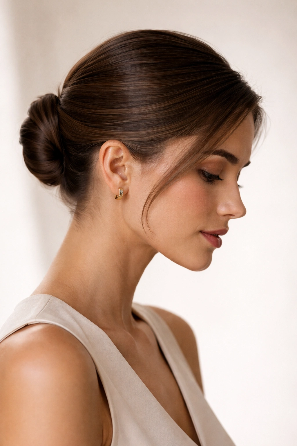 Contemplative portrait showing polished hairstyle and calm expression
