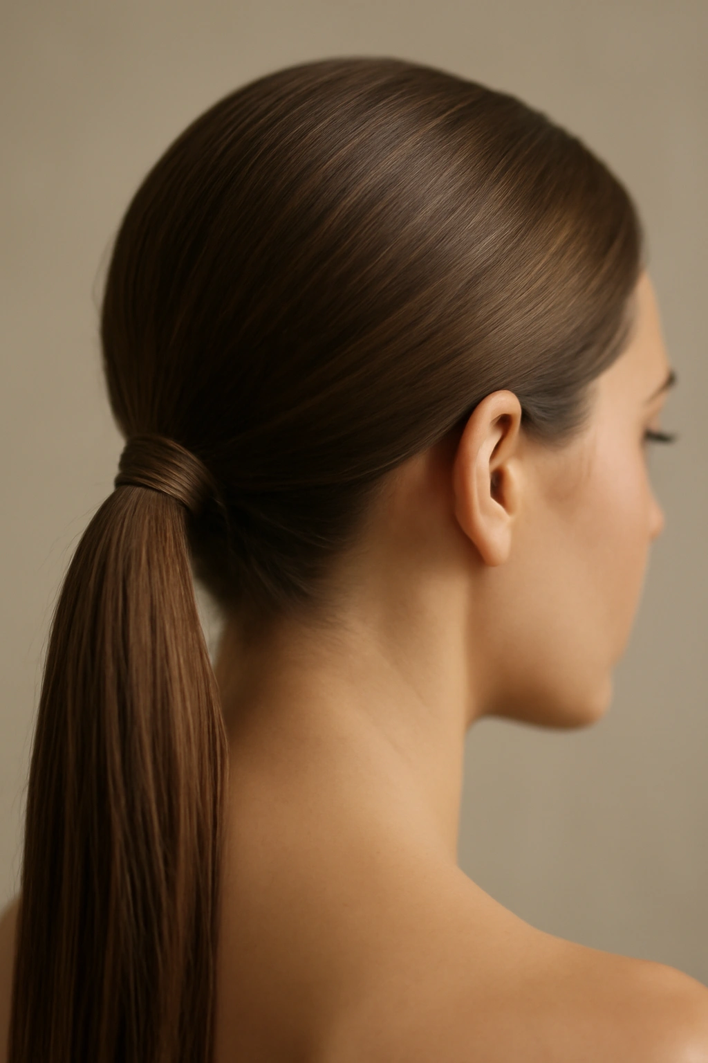 12 Polished Ponytail Hairstyles You Can Try Today 13 Close-up of a polished low ponytail with wrapped base and concealed elastic in a studio