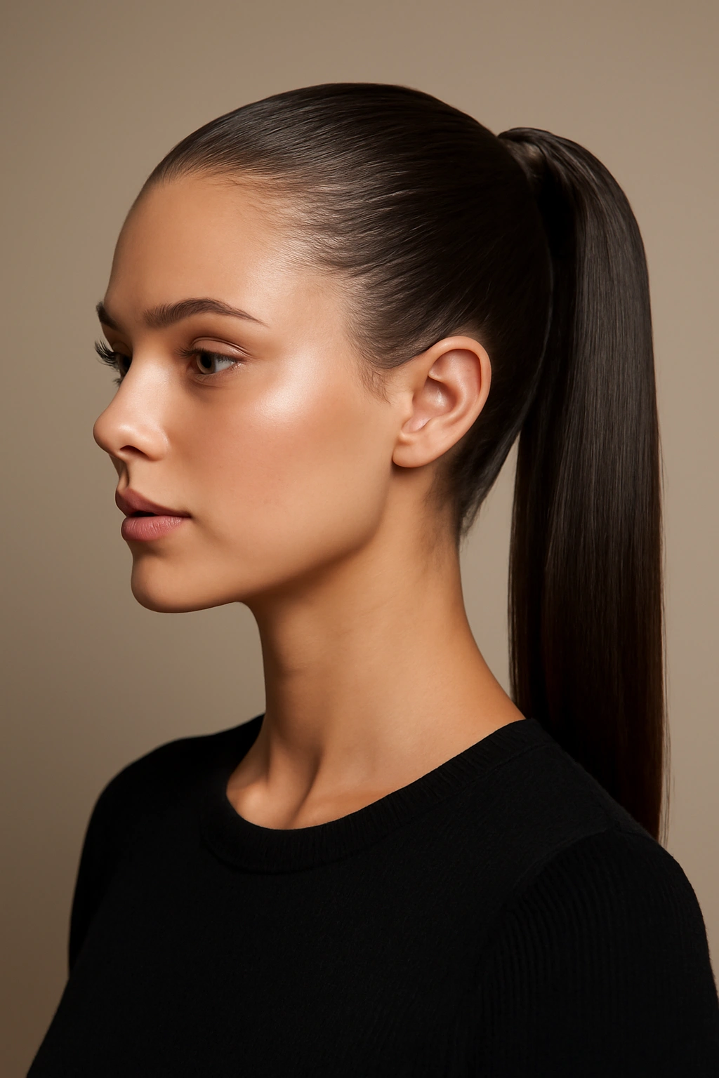 Close-up portrait of a person with a polished high ponytail in studio lighting