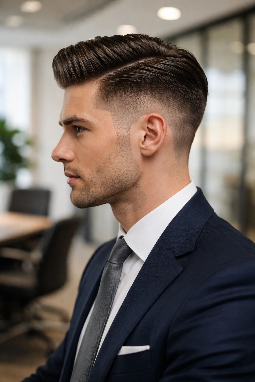 10 Professional Short Hairstyles For The Office 5 Profile shot of a person with a polished undercut: short sides, longer top slicked back
