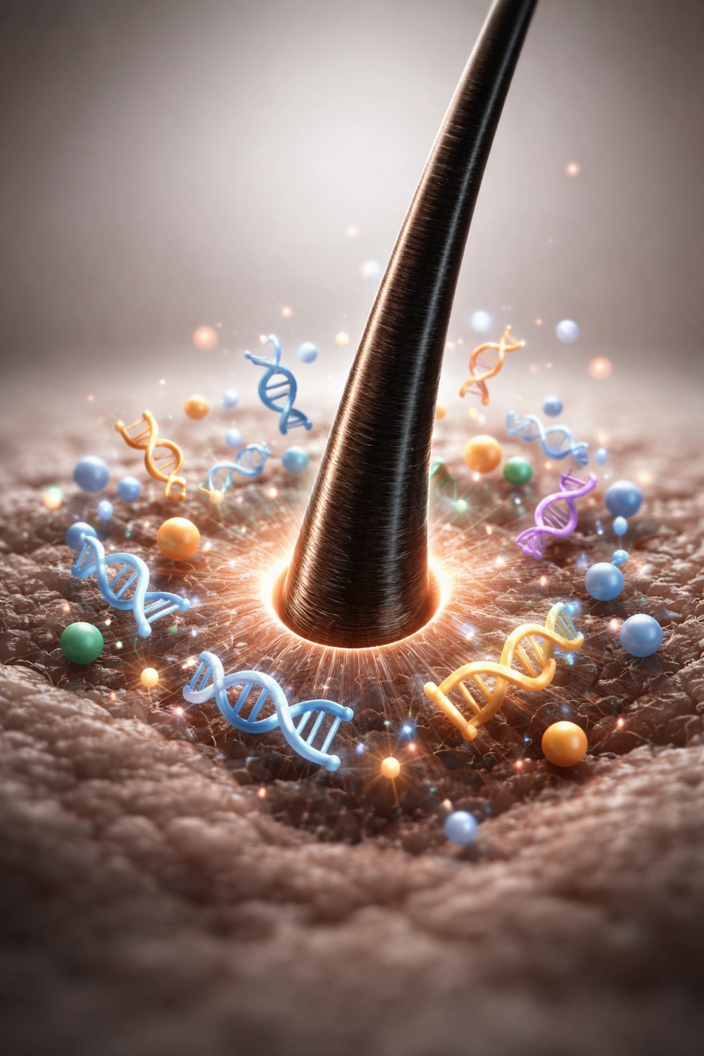 Hair follicle with multiple gene icons showing polygenic influence on hair loss