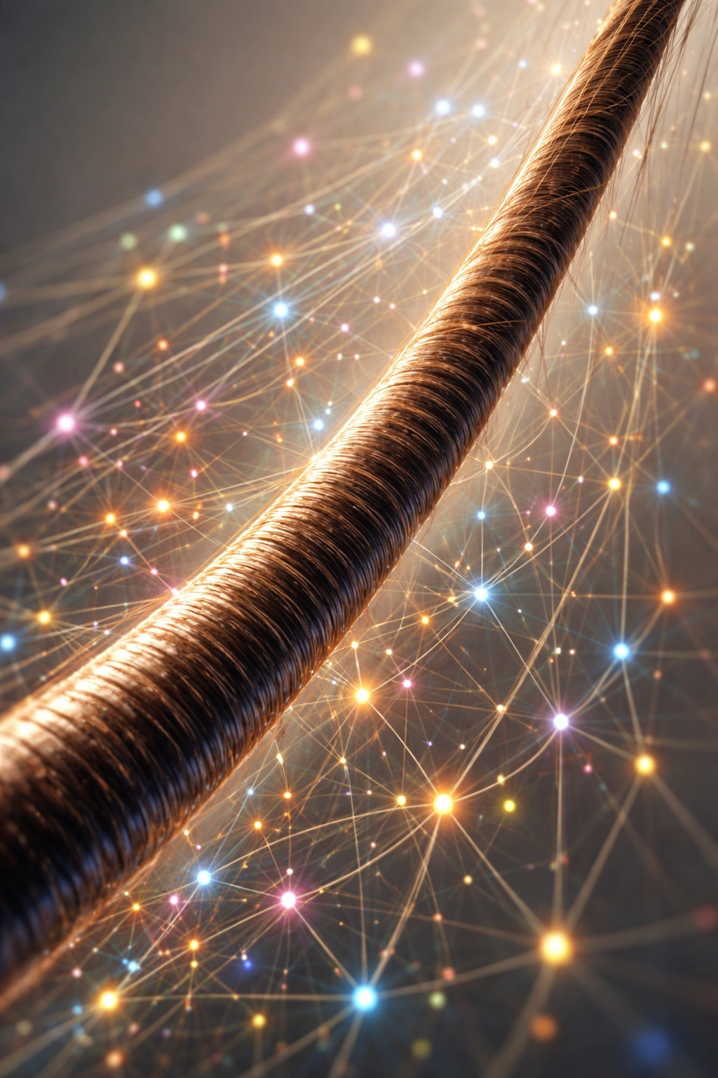 Macro close-up of a hair strand with a colorful gene-like network illustrating polygenic inheritance in hair traits.
