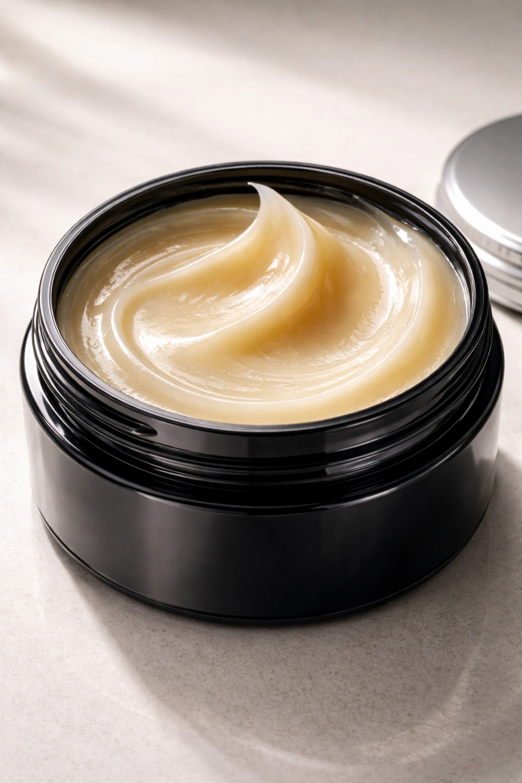 Close-up of a small amount of pomade spread on a surface showing shine.