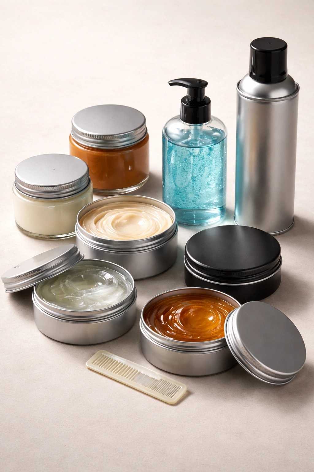 Unlabeled 1950s styling products array featuring pomade tins, wax jars, gel bottle, and hairspray