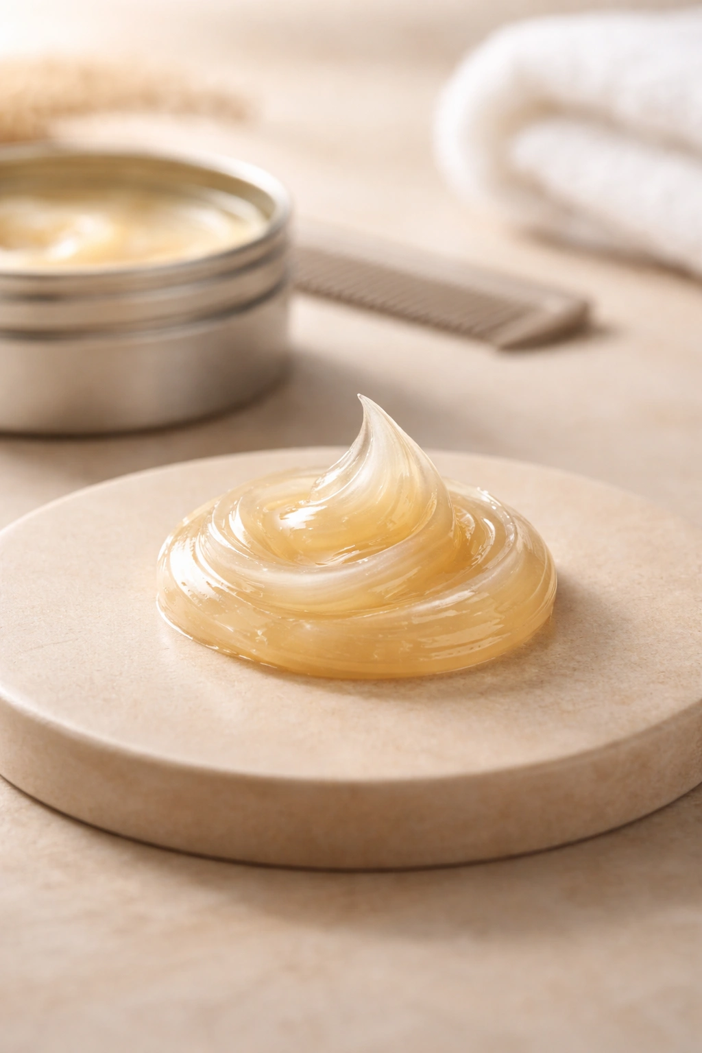 Small amount of pomade on neutral surface symbolizing moderation for hair health