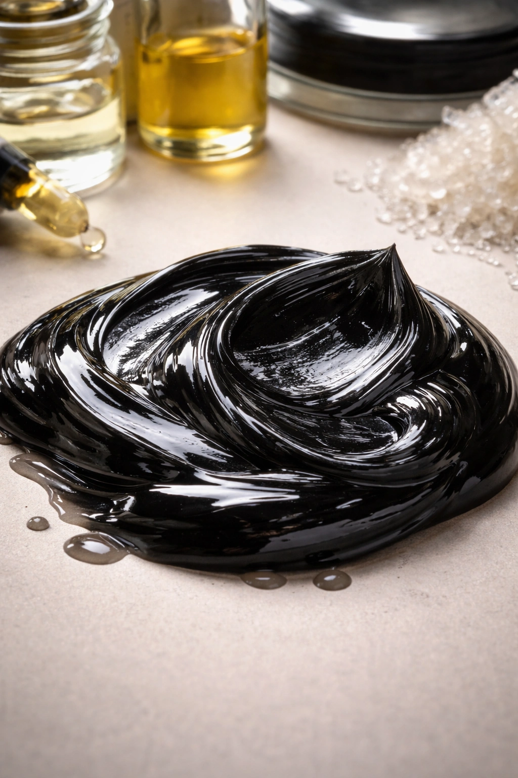 Dark glossy pomade blob on neutral surface