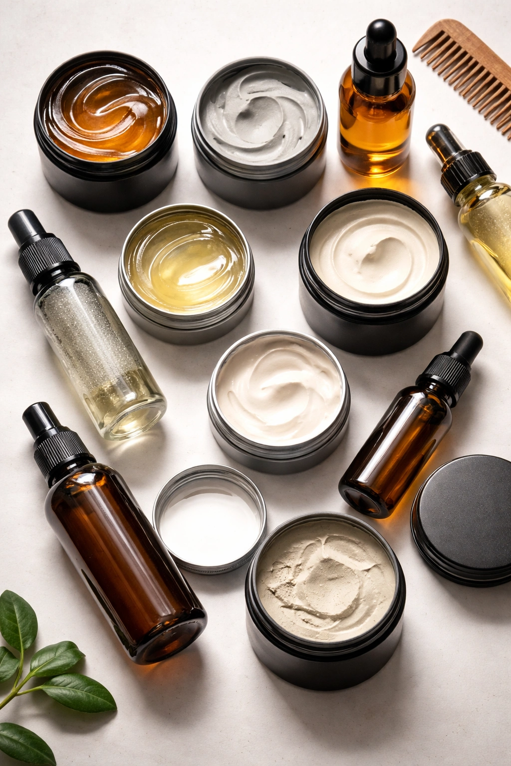 Unlabeled styling product containers arranged on a clean surface.