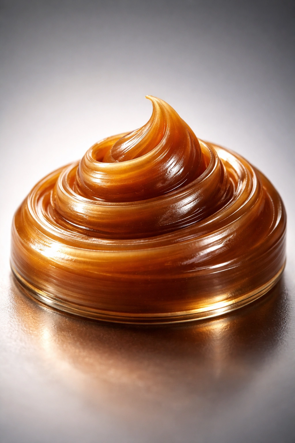 Close-up of glossy amber pomade swirl highlighting shine and moisture retention