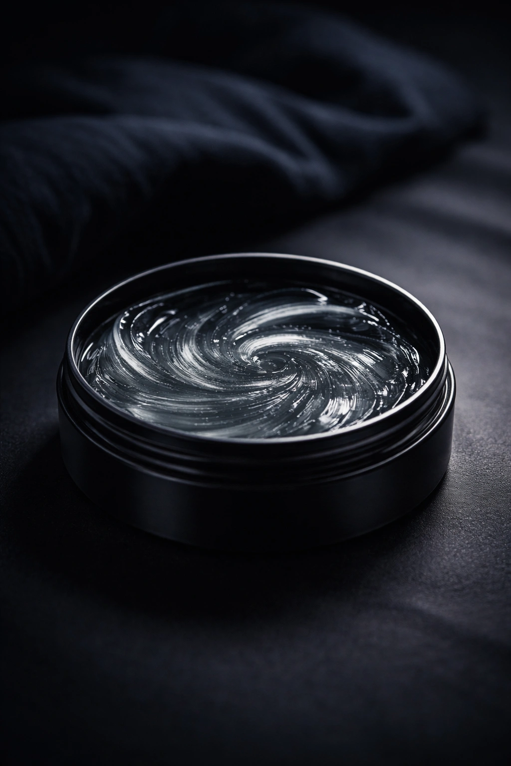Glossy patch of pomade on dark surface implying nighttime use