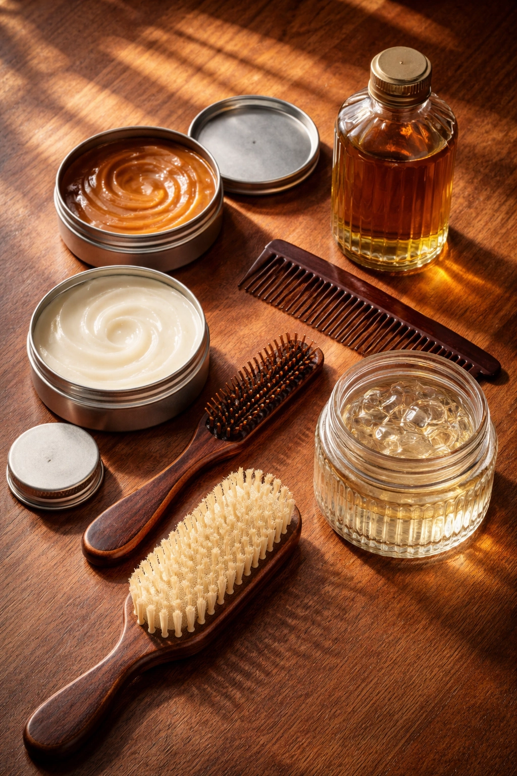Flat lay of unlabeled vintage grooming products on a wooden surface.