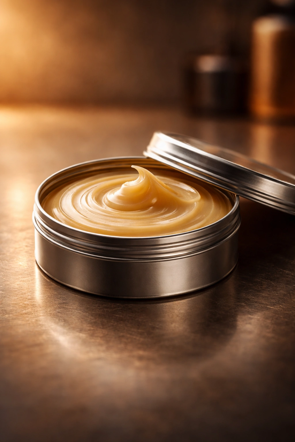 Pomade tin on a reflective surface with warm lighting