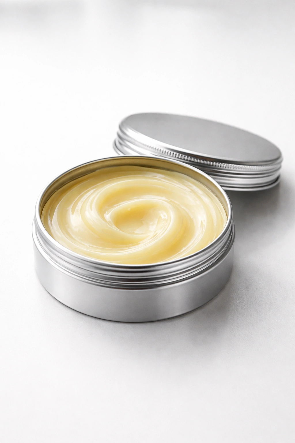 Close-up of a pomade tin showing glossy interior texture