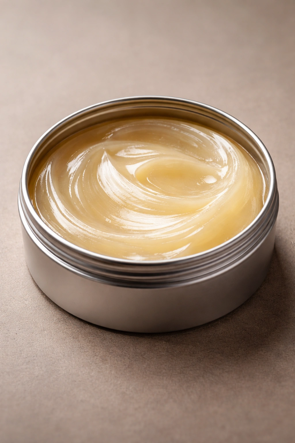 Close-up of an open unmarked pomade tin showing smooth glossy texture against a neutral backdrop