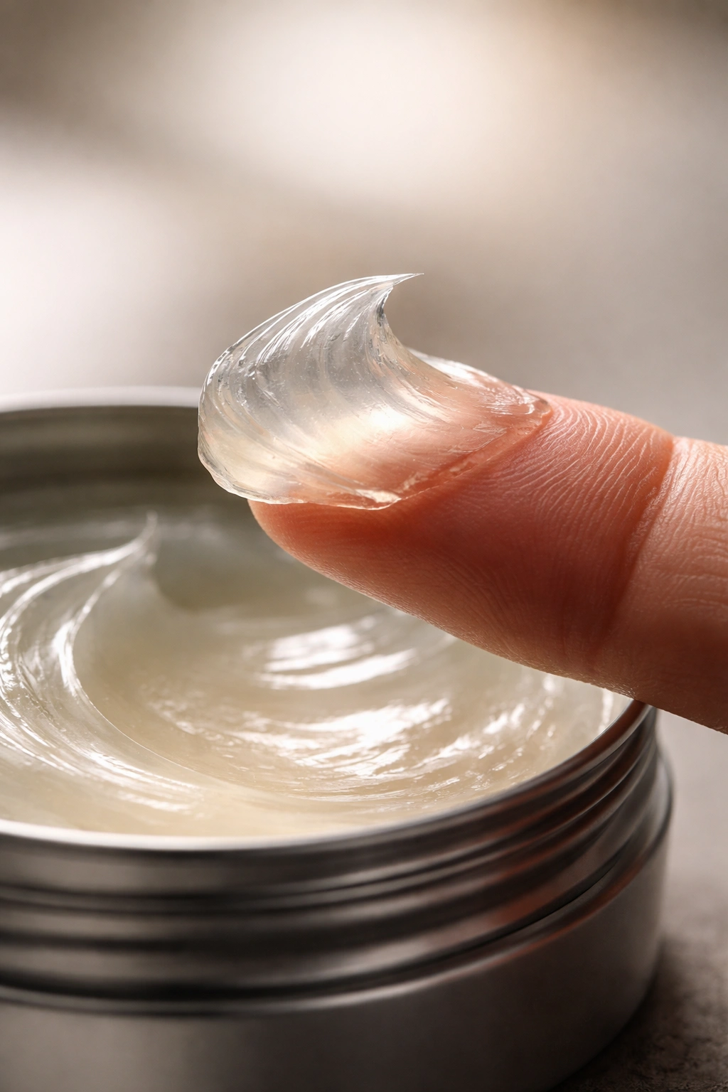Close-up of glossy pomade on fingertip highlighting texture and shine