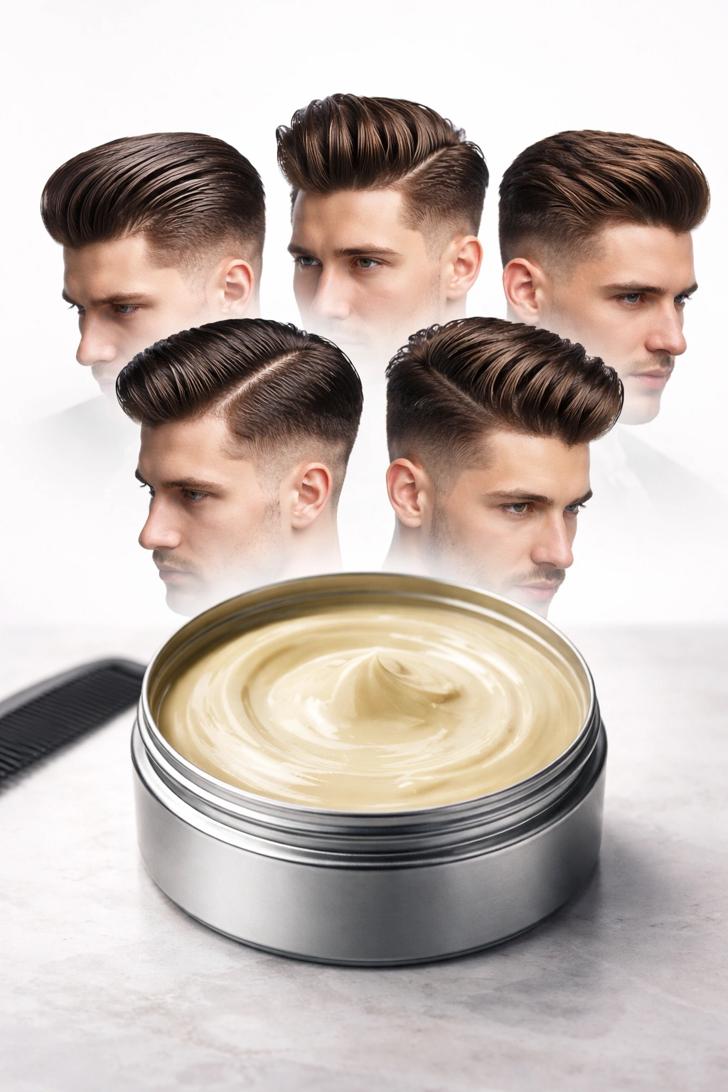 Close-up of an unmarked pomade tin highlighting glossy texture