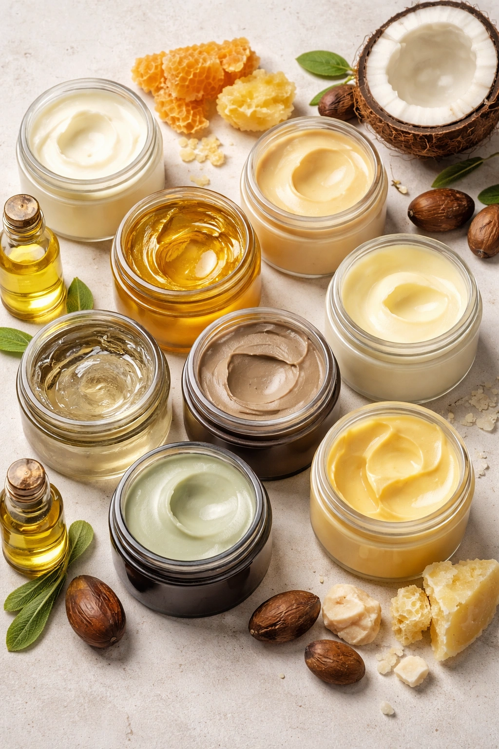 Assortment of label-free pomade jars showing different colors to imply varied ingredients.