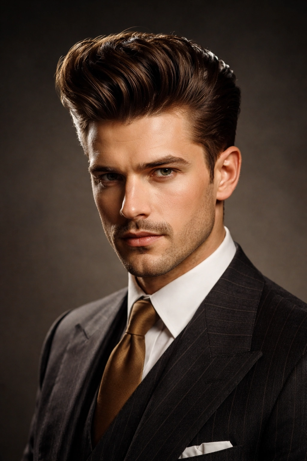 Portrait of man with a high-volume 1920s pompadour hairstyle
