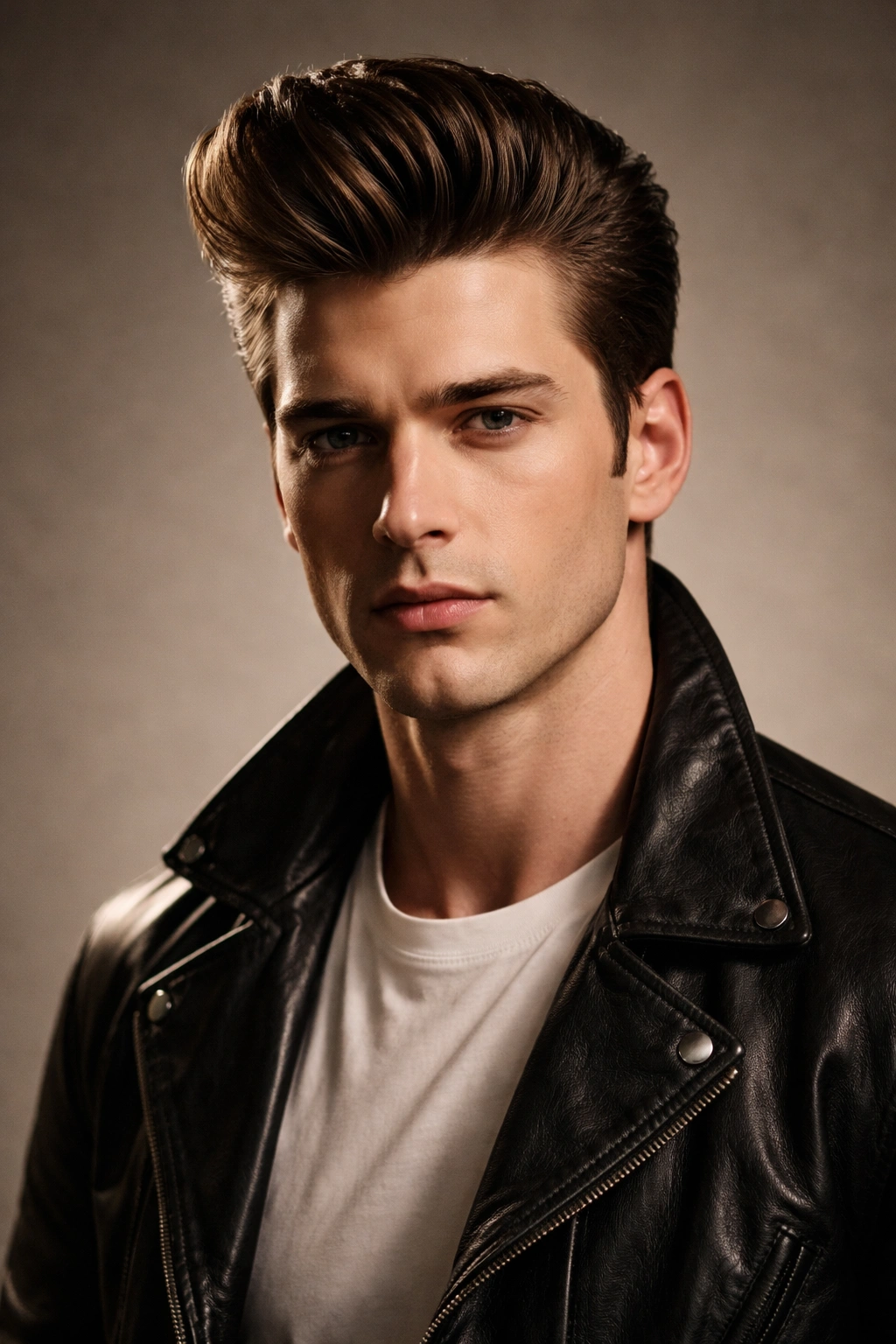 Close-up portrait of a man with a tall pompadour and short sides