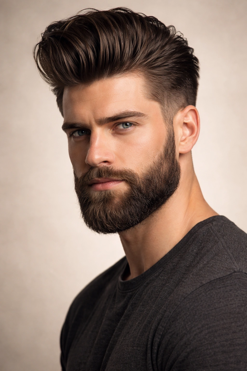 Portrait of a man with a voluminous pompadour and full beard.