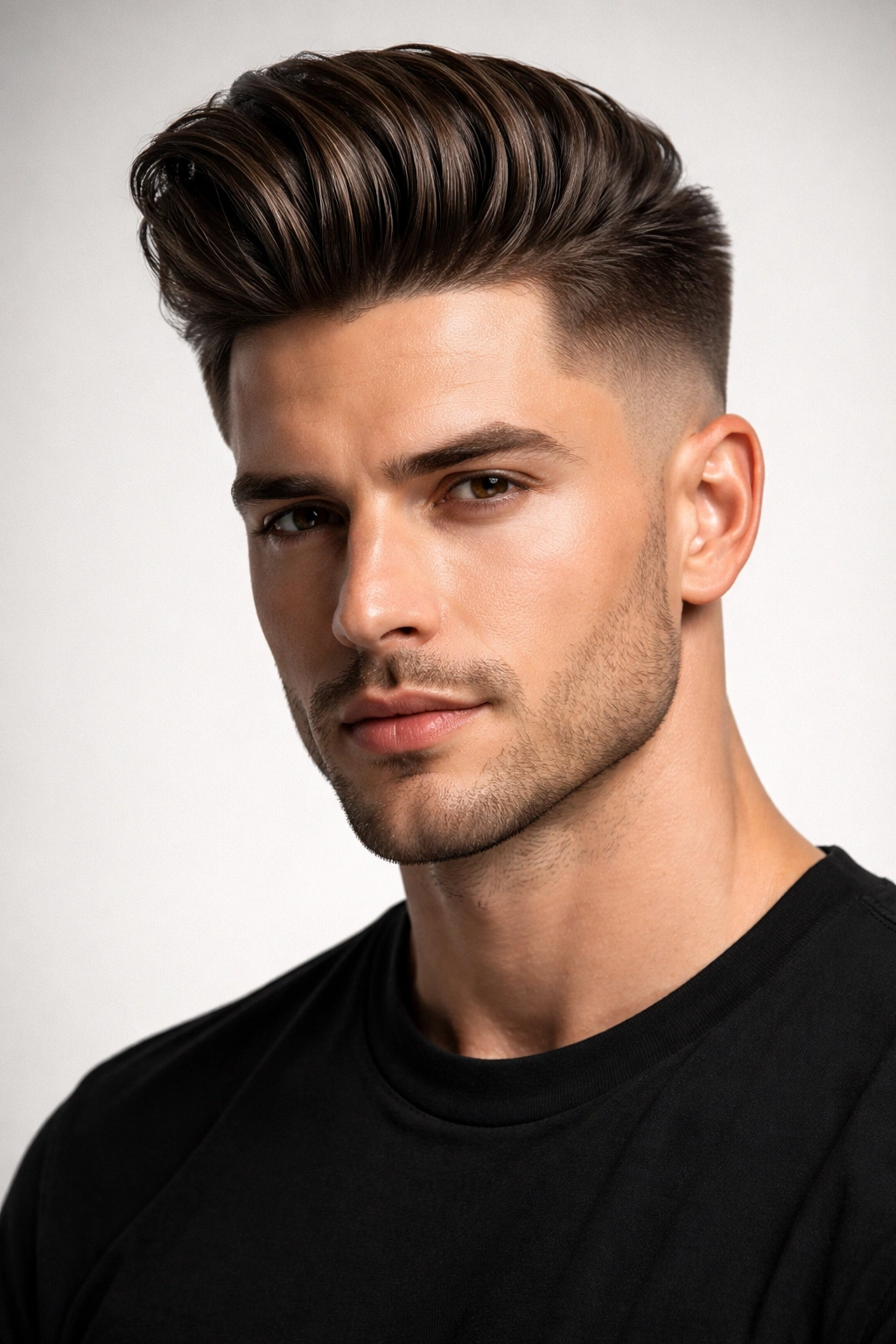 Pompadour fade hairstyle with a pronounced side fade