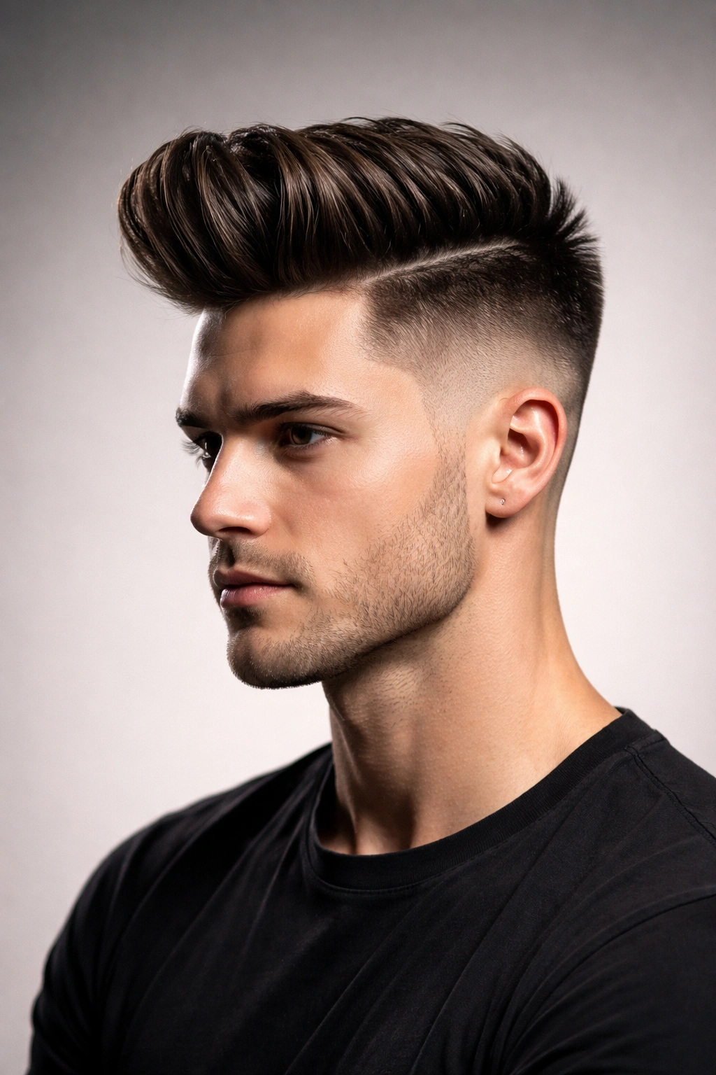 Close-up of a man with a tall pompadour fade, showing volume on top and faded sides.
