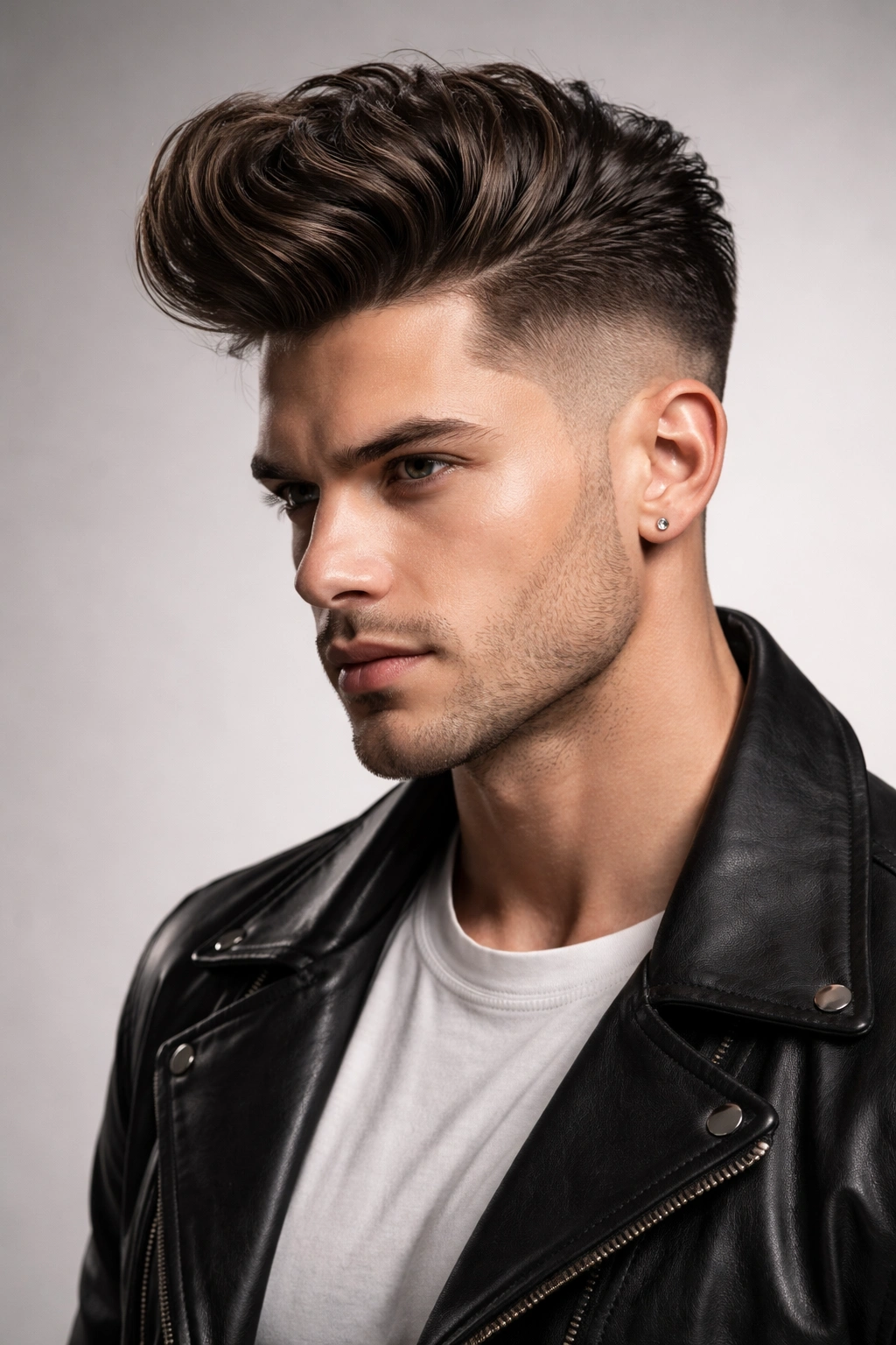 Male model with pompadour fade hybrid in a minimalist studio