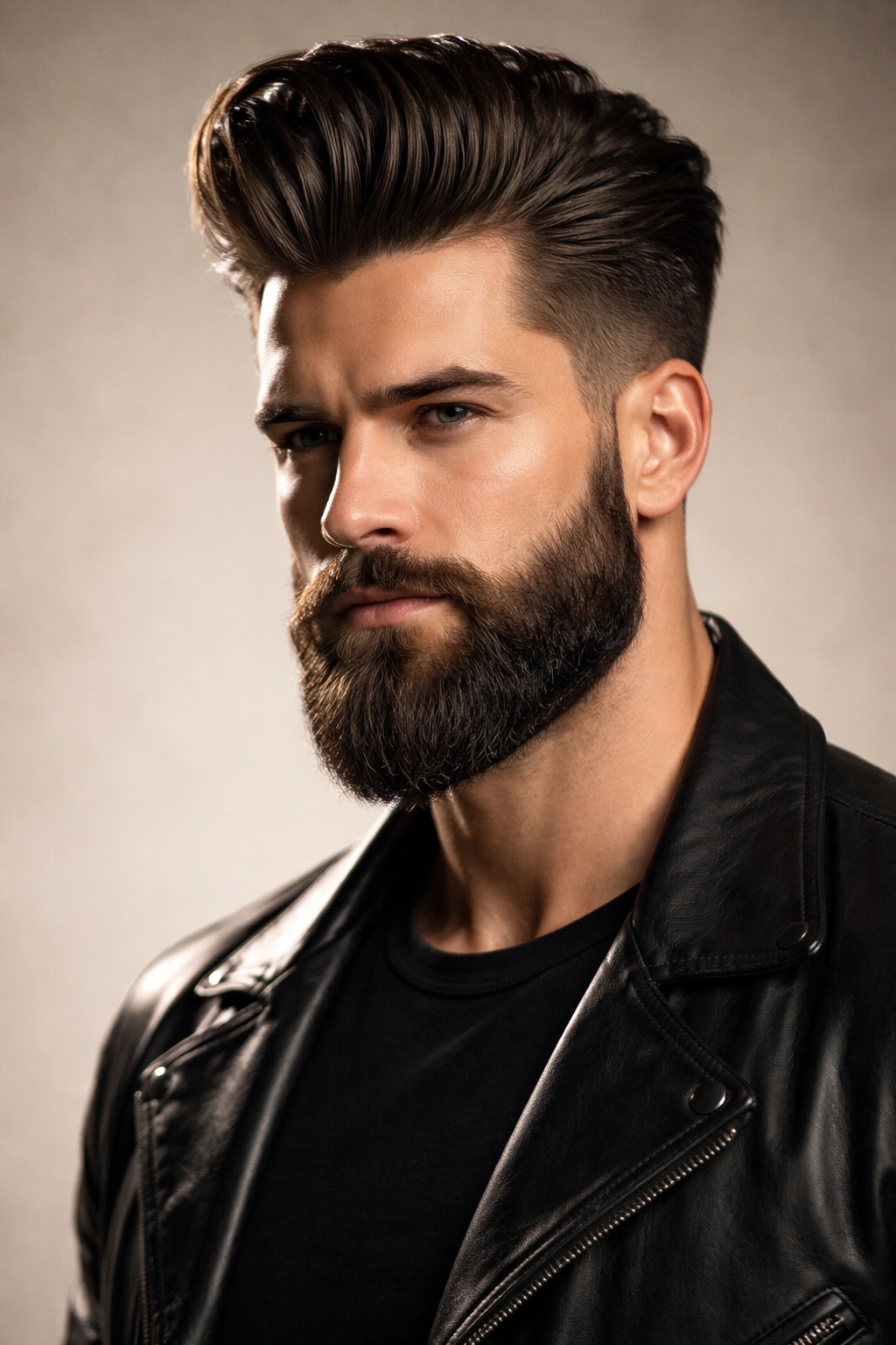 Portrait of a man with pompadour and full beard, studio lighting