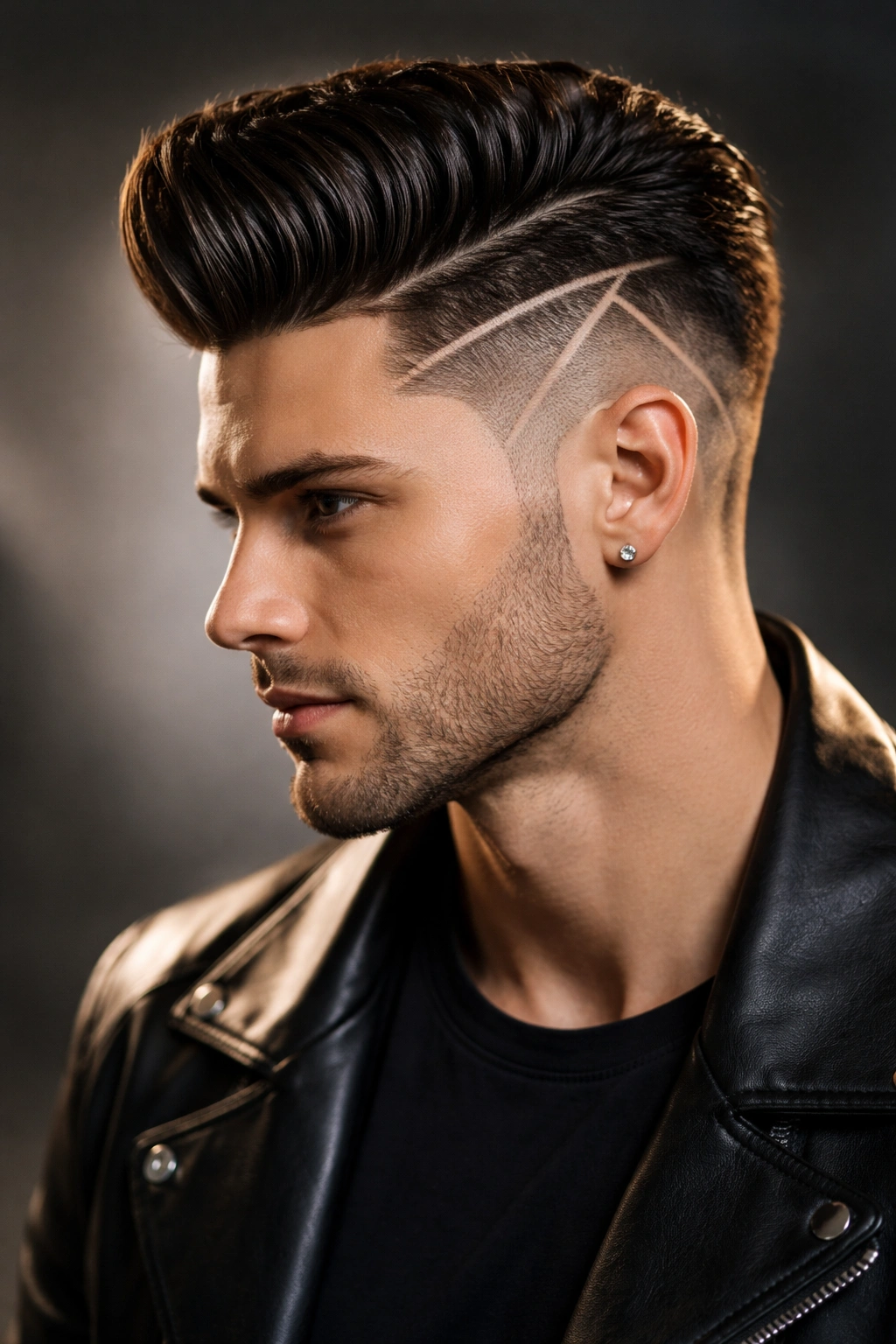 Slicked-back pompadour with geometric shave lines on the sides