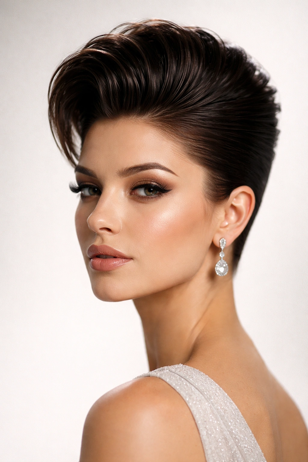 Close-up of a glossy sculpted pompadour on short hair with slick sides.