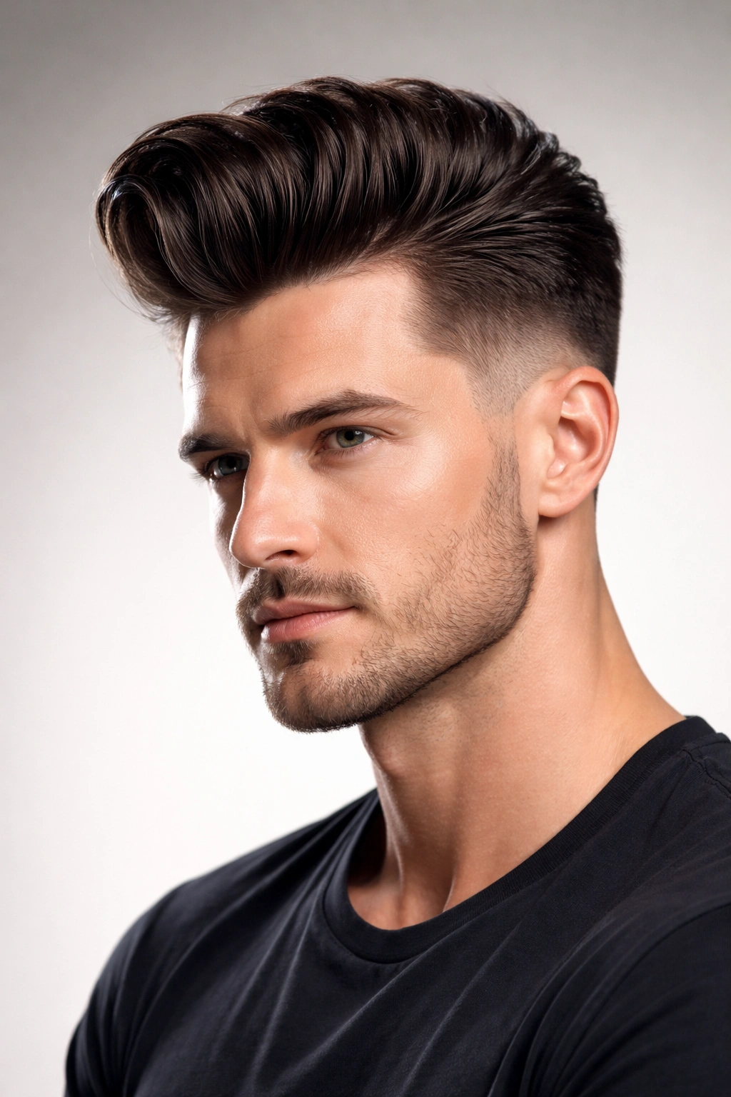 Portrait of a man with a voluminous pompadour and faded sides