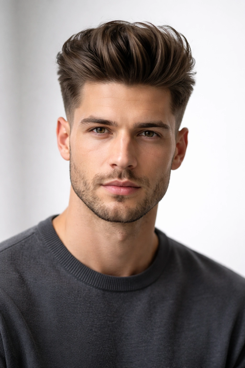 Man with a modern pompadour featuring tall swept-back top and faded sides