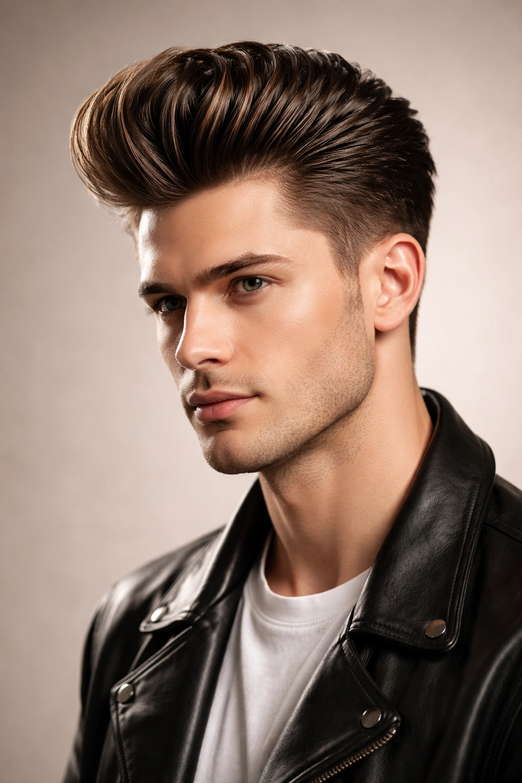 Portrait of a man with a voluminous pompadour hairstyle and strong height on top
