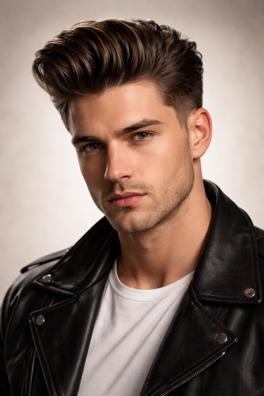 Portrait of a man with a voluminous pompadour and tapered sides
