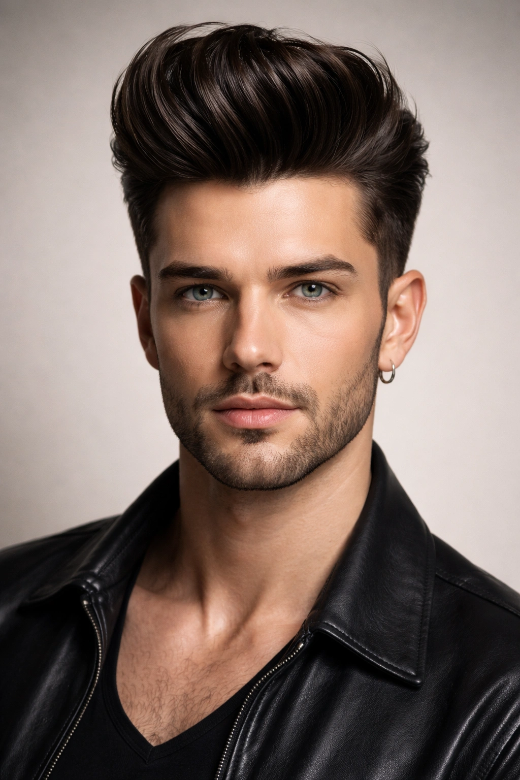 Head-and-shoulders portrait of a person with a high-volume pompadour