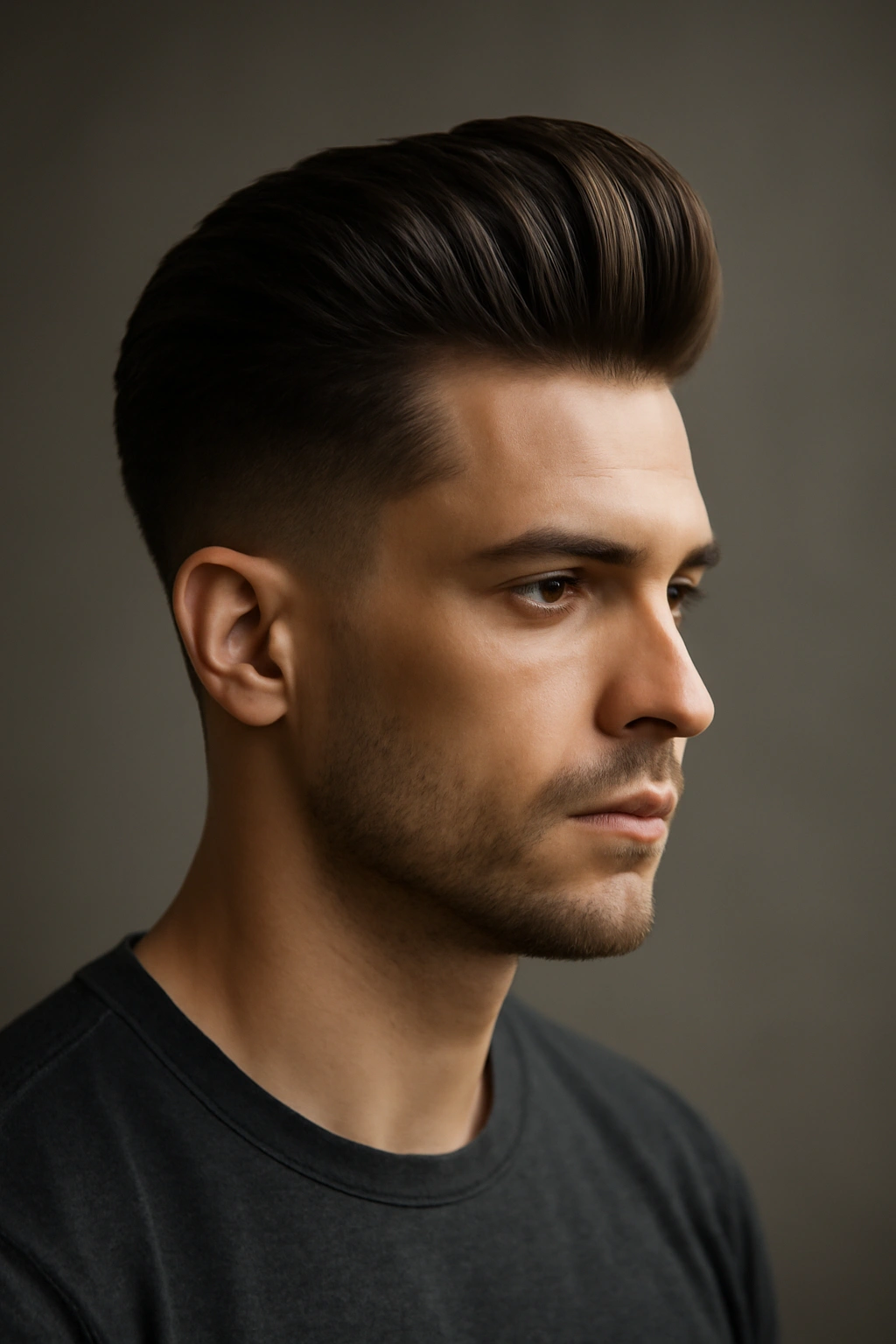 20 Men's Haircuts Matched to Face Shape and Hair Type 4 Portrait of male with dramatic pompadour and faded sides