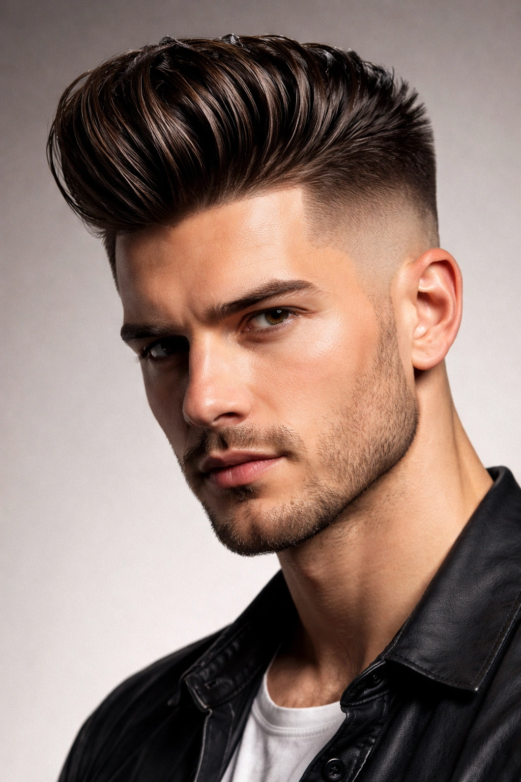 Portrait of a man with a high fade pompadour, dramatic top height and sharp sides.