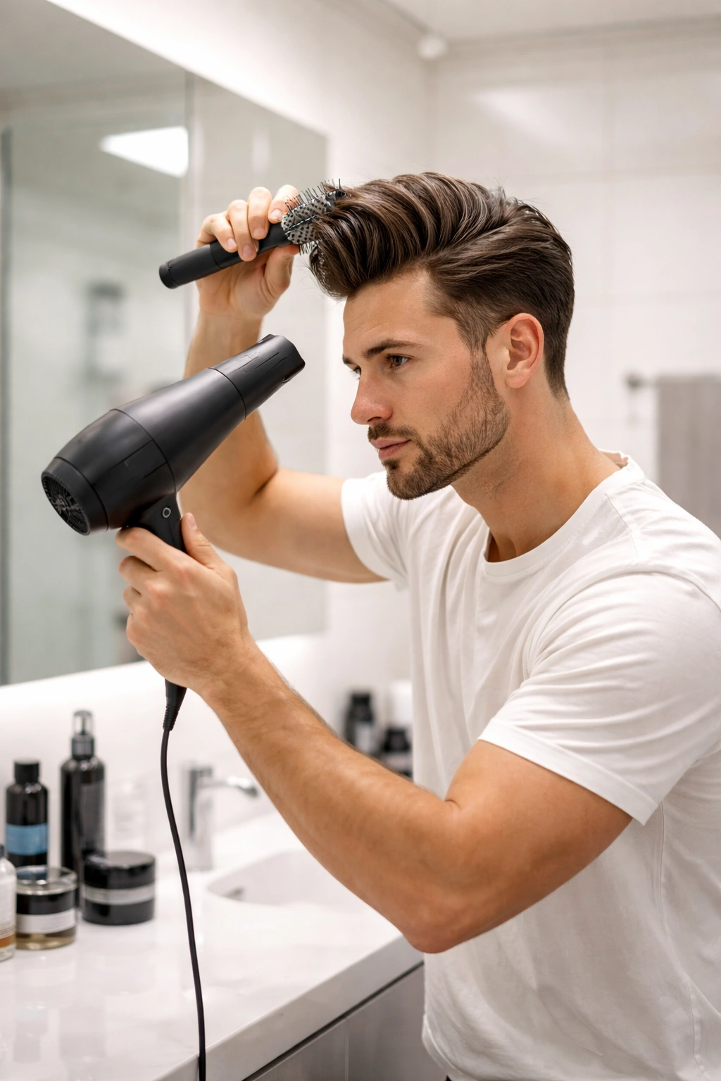 Man in a bright bathroom styling hair with a brush and dryer.