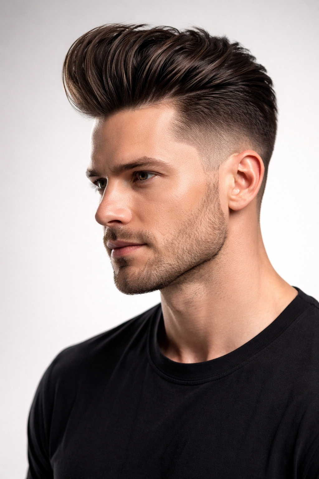 Portrait of a man with a tall pompadour and mid fade, modern and bold